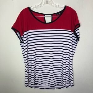 Perseption Black and White Striped Blouse with Red XL